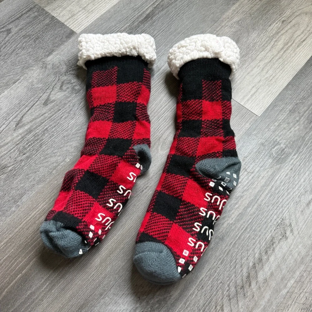 Cozy Red and Black Buffalo Plaid Socks with Fuzzy Sherpa Lining